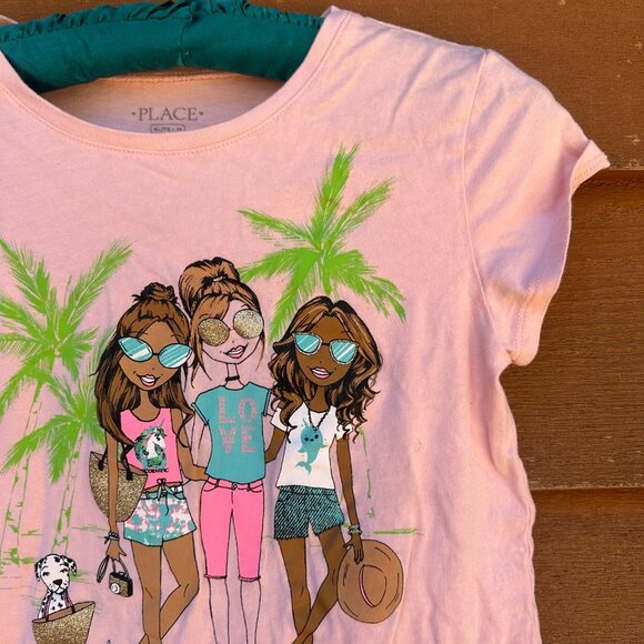 Childrens Place Girls Pink Graphic Tee Size XL 14 With Tropical Palm & Friends D - Picture 6 of 12
